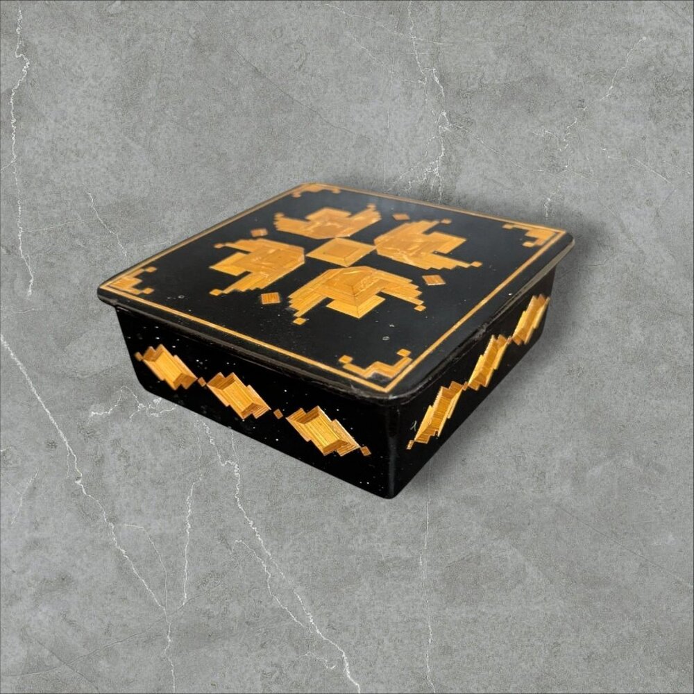Lacquered Wooden Trinket Box With‎ Geometric Inlay Black & Gold Vintage Handmade